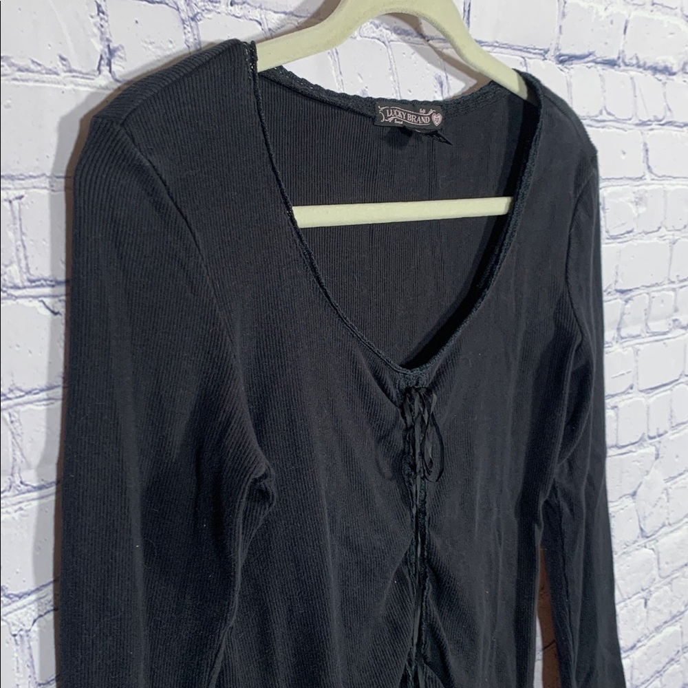 Lucky Brand Womens Y2K Ribbed Long Sleeve Top Black Cinch Tie Front Sz L Fitted - Picture 2 of 6